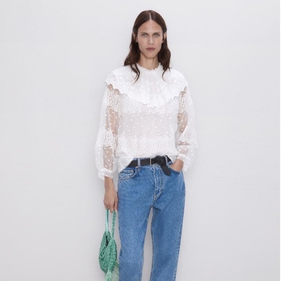 🦋 Bloggers Favorite 🦋 NWT Zara Women Ruffled Blouse Ecru - Picture 14 of 16